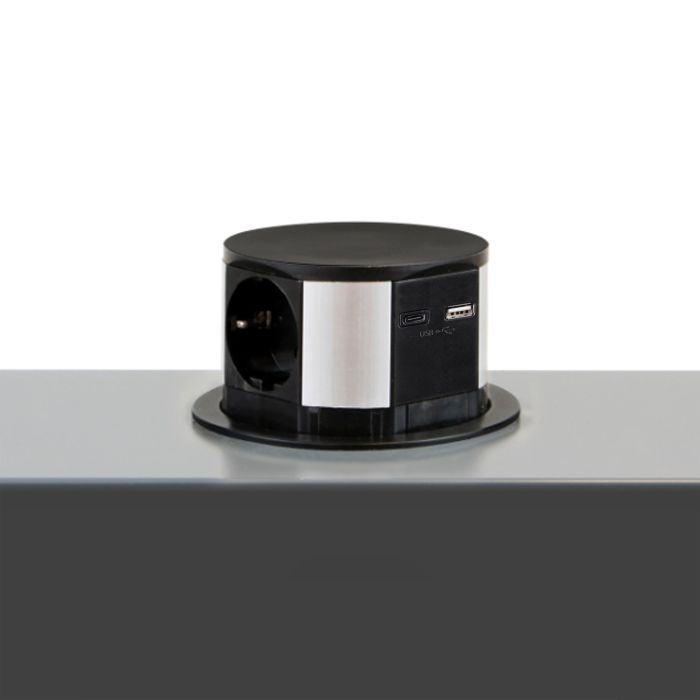 Emuca Multiconector extraíble Vertikal Push diámetro 100mm, 3 enchufes tipo Schuko, 1 USB tipo A, 1 USB tipo C, Acero y Plástico, Pintado negro 1