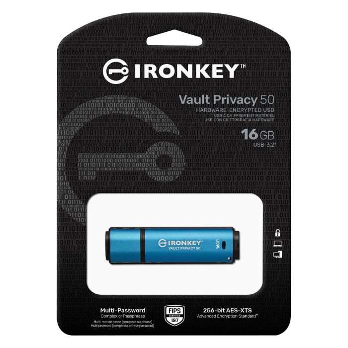 Kingston IronKey Vault Privacy 50 Stick USB 16GB Cifrado AES-256, FIPS 197, USB 3.2, Negro/Azul