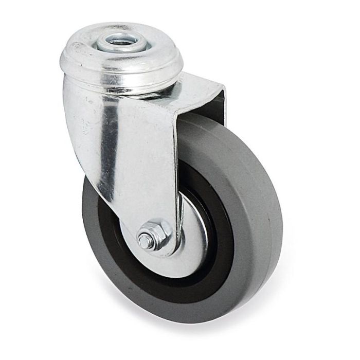 Q&Q JADE TP Rueda Giratoria Aro Goma Gris Ø80mm Taladro Pasante 60kg Carga Doble Hilera Bolas Zincado Placas Antihilo Sin Freno
