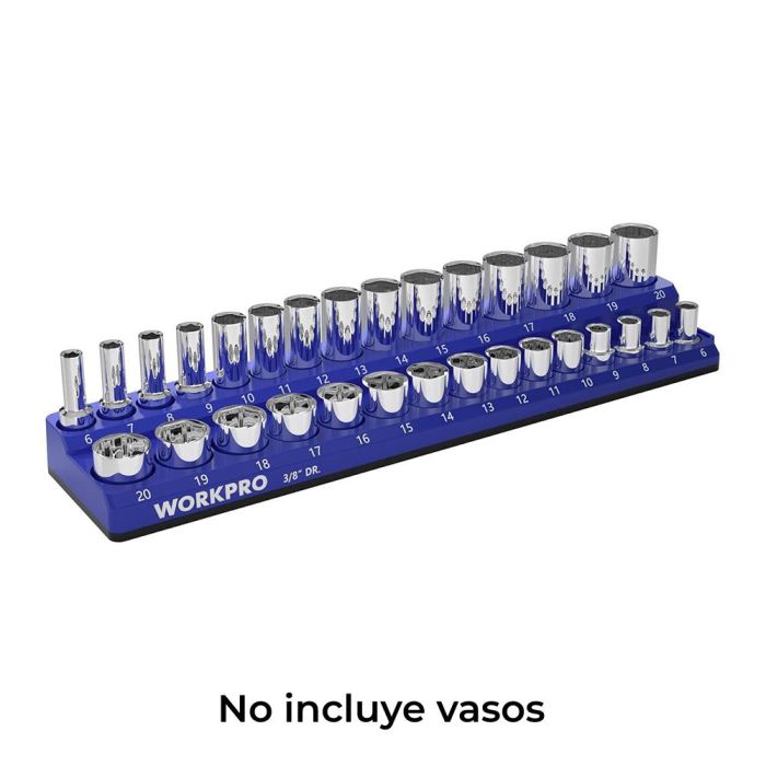 Workpro Organizador Magnético Vacío para Vasos de 3/8" Estándar, Almacena 6-20 mm, Previene Pérdidas, 373x88x38 mm