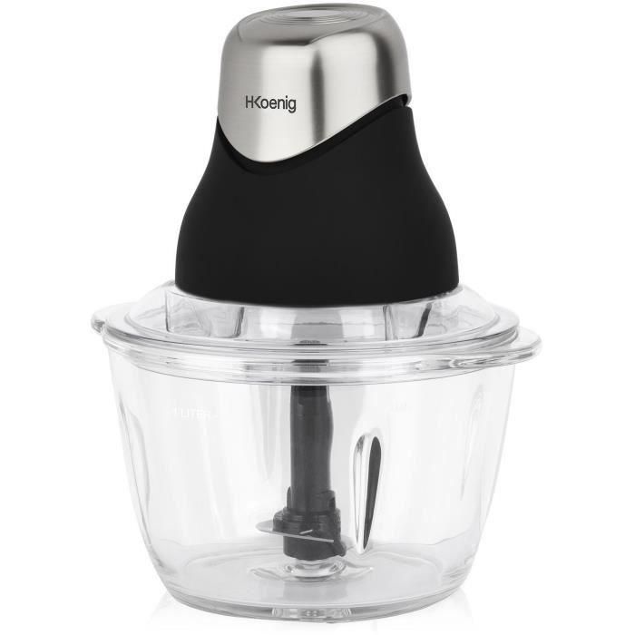 H.Koenig LEO8 Mini Picadora Eléctrica Compacta 320W con Bol de Cristal 1L y Cuchillas de Acero Inoxidable, Negro mate y cromo 1