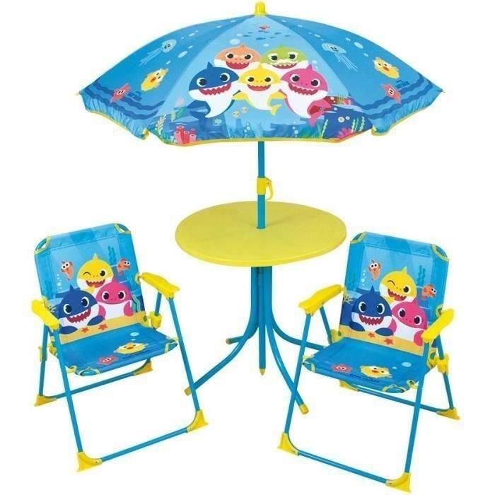 FUN HOUSE Baby Shark Muebles de jardín - 1 mesa H.46xø46 cm, 2 sillas H.53xW.38.5xD.37.5 cm y 1 sombrilla H.125 x ø100 cm FUN HOUSE Baby Shark Muebles de jardín - 1 mesa H.46xø46 cm, 2 sillas H.53xW.38.5xD.37.5 cm y 1 sombrilla H.125 x ø100 cm