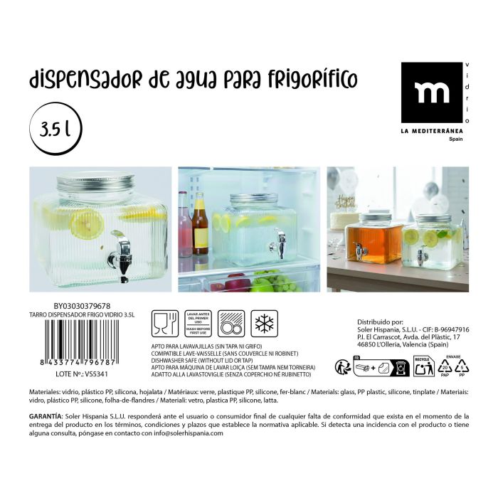 Inde Tarro Dispensador Frigo de Vidrio 3.5 Litros La Mediterran, 19 x 19 x 16.5 cm (6 Unidades)