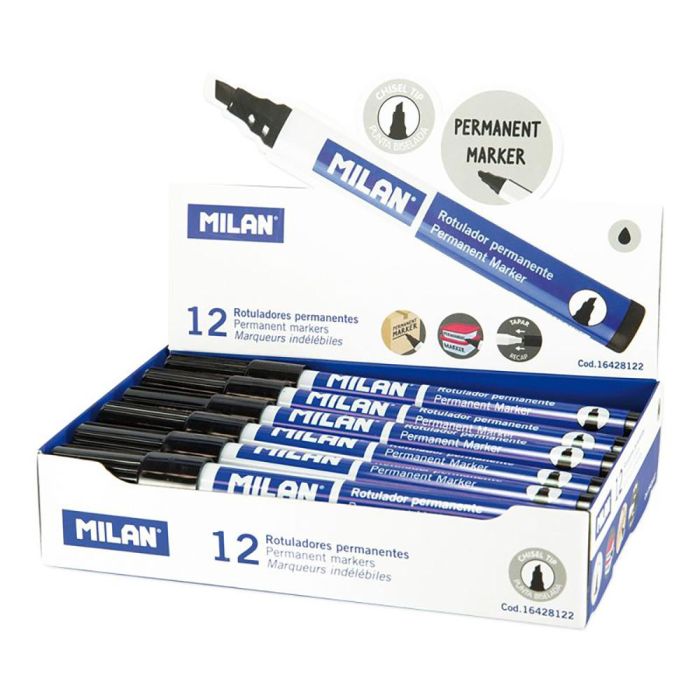 Caja con 12 rotuladores permanentes. punta biselada negro milan 1 Caja con 12 rotuladores permanentes. punta biselada negro milan 1