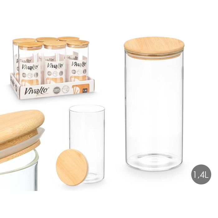 Tarro Redondo Borosilicato Tapa Bambu 1,4L Vivalto 10x20x10cm (12 Unidades) 0 Tarro Redondo Borosilicato Tapa Bambu 1,4L Vivalto 10x20x10cm (12 Unidades) 0