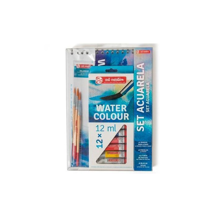 Talens Art Creation Set Acuarela 12 Tubos x 12 mL, Colores Surtidos - Incluye Manual, 3 Pinceles y Bloc de Notas