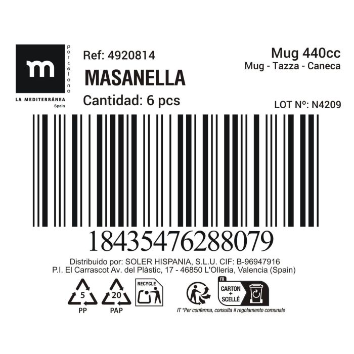 Mug Jumbo 440 cc Masanella - Inde (18 Unidades) 1 Mug Jumbo 440 cc Masanella - Inde (18 Unidades) 1