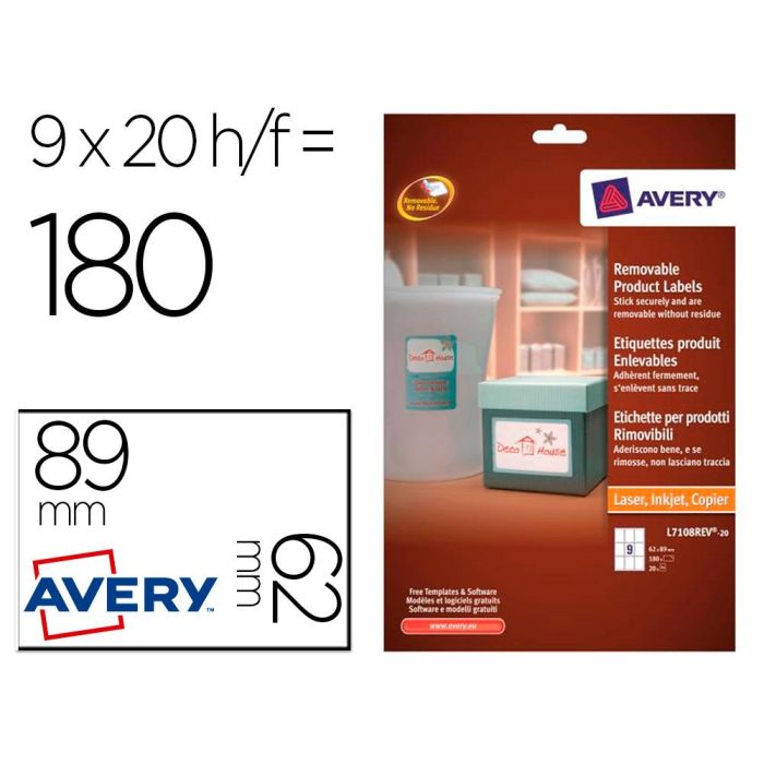 Etiqueta Adhesiva Avery Removible Para Impresora Laser Inyeccion Tinta Fotocopiadora Blanca 62x89 mm