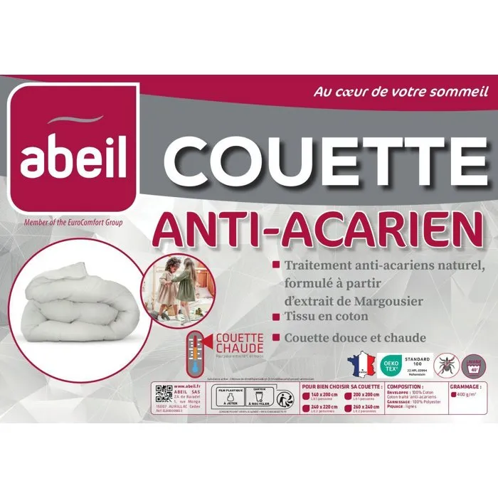 ABEIL Edredón Antiácaros 220 x 240 cm Cálido 400 g/m² para 2 Personas Blanco Algodón Tratado Biome® Invierno