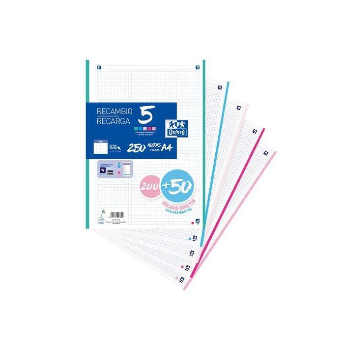 Oxford Recambio A4 Sueltas 250 Hojas 90 gr 5x5 mm 4 Taladros 5 Bandas Colores Pastel