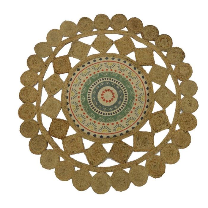 DKD Home Decor Alfombra Boho de Yute y Poliéster Marrón Multicolor 120 x 120 cm