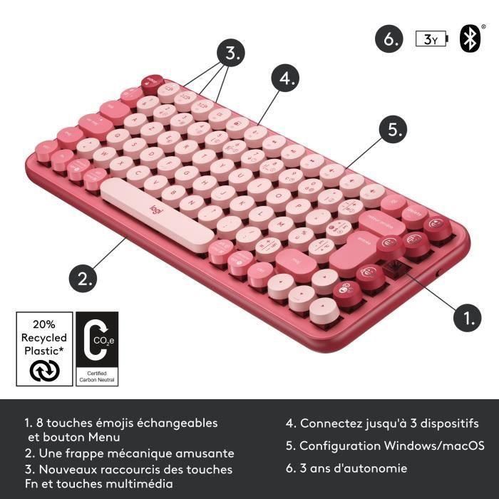 Teclado inalámbrico mecánico Logitech POP Keys con teclas Emoji personalizables, Bluetooth o USB, diseño compacto duradero - rosa 5