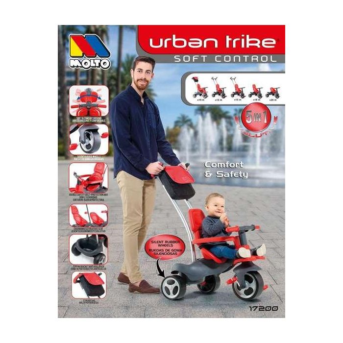 Triciclo urban trike rojo con palo, cinturon, bolsa y rueda goma 98 cm 7