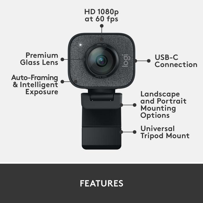 Logitech StreamCam Webcam Full HD 1080p 60 fps para Streaming YouTube Twitch Lente Cristal, Auto-enfoque, Encuadre, USB-C 10