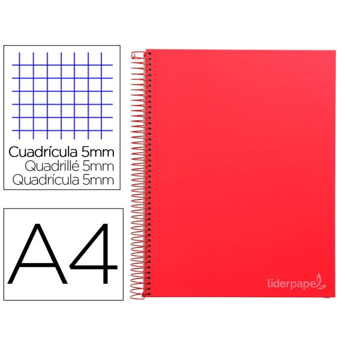 Cuaderno Espiral Liderpapel A4 Micro Jolly Tapa Forrada 140H 75 gr Cuadro 5 mm 5 Bandas 4 Taladros Color Rojo