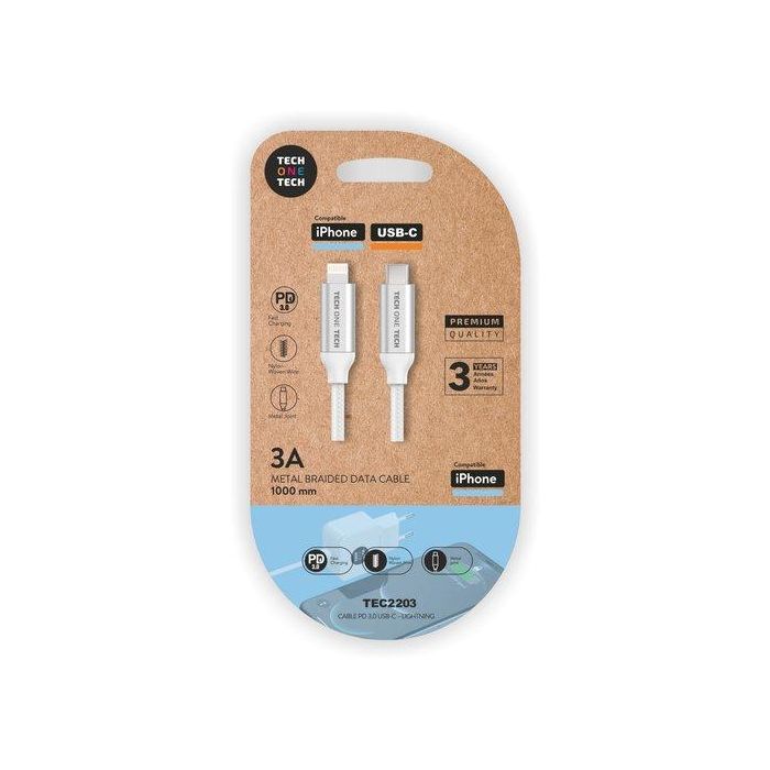 Tech One Tech TEC2251 Cable USB-C a Lightning 1m Blanco Nylon Power Delivery Carga Rápida Apple