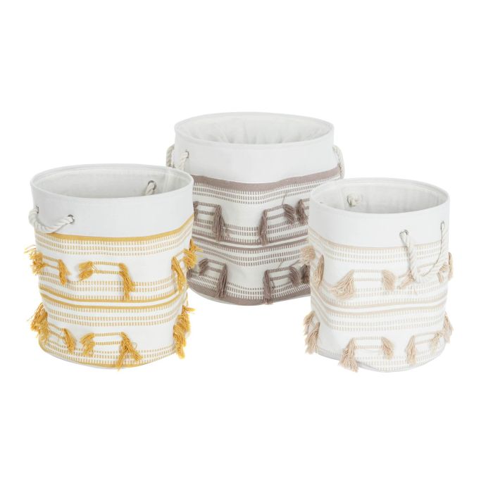 DKD Home Decor Cesta Boho Beige Mostaza Algodón Poliéster Flecos Set de 3 Piezas 43 x 45 x 43 cm 5