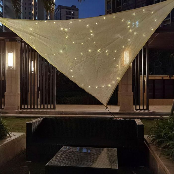 Vela de sombra Beige 3 x 3 x 3 m Luz LED Exterior Solar Toldo 1 Vela de sombra Beige 3 x 3 x 3 m Luz LED Exterior Solar Toldo 1