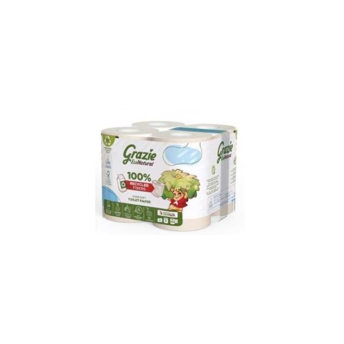Grazie Natural Papel Higiénico Doble Capa 8 Rollos Bio 100% Orgánico de Cartones Reciclados Sin Blanqueadores
