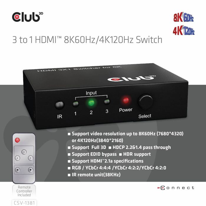 Club3D Switchbox HDMI 3 Entradas a 1 Salida 8K60Hz UHD 13 Club3D Switchbox HDMI 3 Entradas a 1 Salida 8K60Hz UHD 13