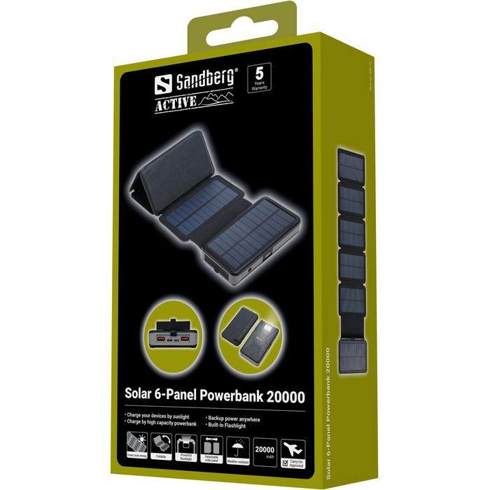 Sandberg Solar 6-Panel Powerbank 20000 mAh con Carga Rápida USB-C PD 20W y USB-A | Batería Externa Plegable para Viajes y Exterior 6