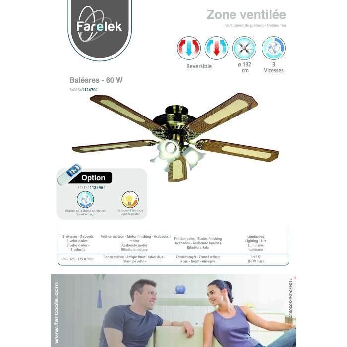 FARELEK - BALEARES Ø 132 cm - Ventilador de techo reversible, 5 aspas de nogal / cañas + iluminación 3 tulipanes 60 vatios E27 - 112470 2 FARELEK - BALEARES Ø 132 cm - Ventilador de techo reversible, 5 aspas de nogal / cañas + iluminación 3 tulipanes 60 vatios E27 - 112470 2