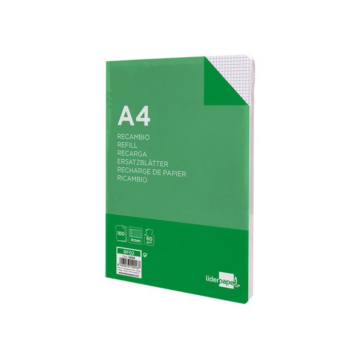 Recambio Liderpapel A4 100 Hojas 60 gr-M2 Cuadro 4 mm Con Margen Sin Taladros 2