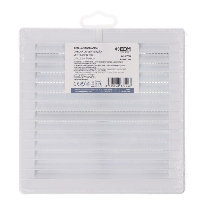 Edm Rejilla ventilación cuadrada empotrable ajustable ø 80-150 mm con mosquitera ABS blanca 170x170x11,5mm 2