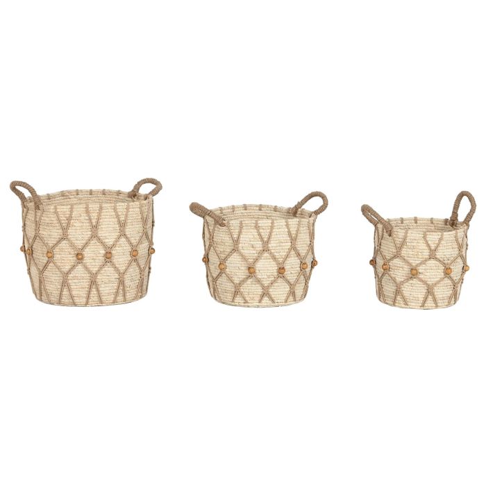 DKD Home Decor Cesta Boho Natural de Fibra y Algodón 33x33x28 cm - Set de 3 Cestas Decorativas