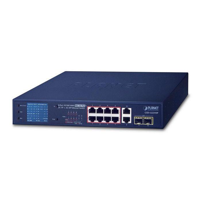 Planet GSD-1222VHP Switch PoE Gigabit 8 Puertos 802.3at, 2 TP, 24Gbps con Pantalla LCD 'Plug and Watch'