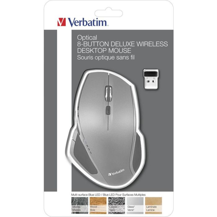 Verbatim Ratón Inalámbrico 8 Botones Deluxe LED Azul Multi-Superficie 800/1300/1600 DPI 2.4GHz Nano USB Ergonómico 3