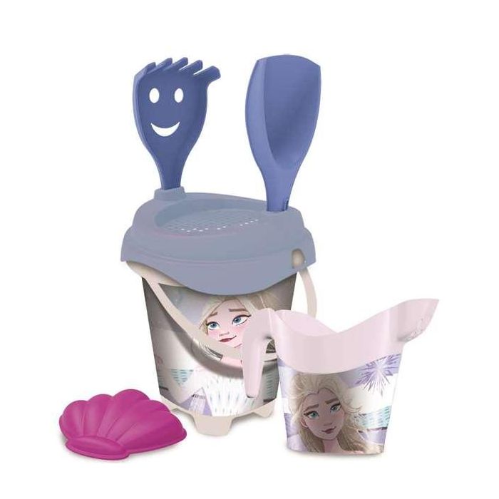 Cubo playa castillo frozen 2 con cedazo, pala,rastrillo y regadera y moldes 18 cm . 2