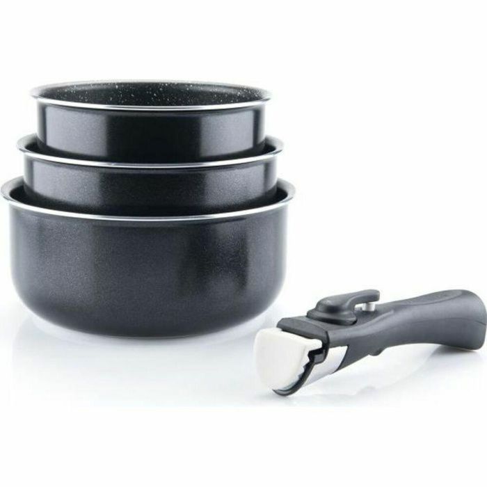 Arthur Martin AM120B Set 3 sartenes de aluminio 16/18/20 cm antiadherentes efecto piedra, compatibles con inducción, mango extraíble