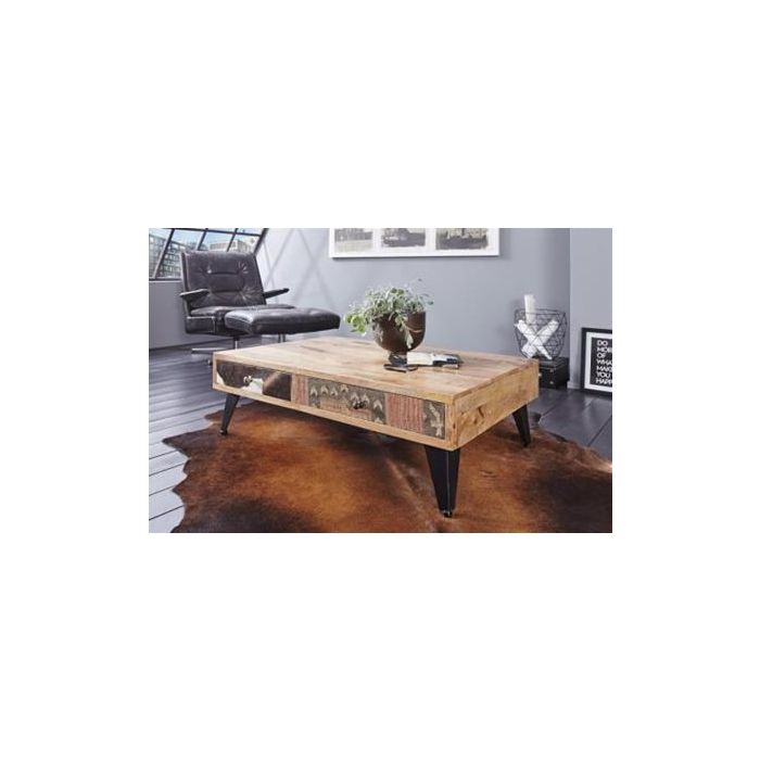 DKD Home Decor Mesa Centro Colonial con 2 Cajones de Madera de Mango y Metal Marrón y Negro 110x70x46 cm