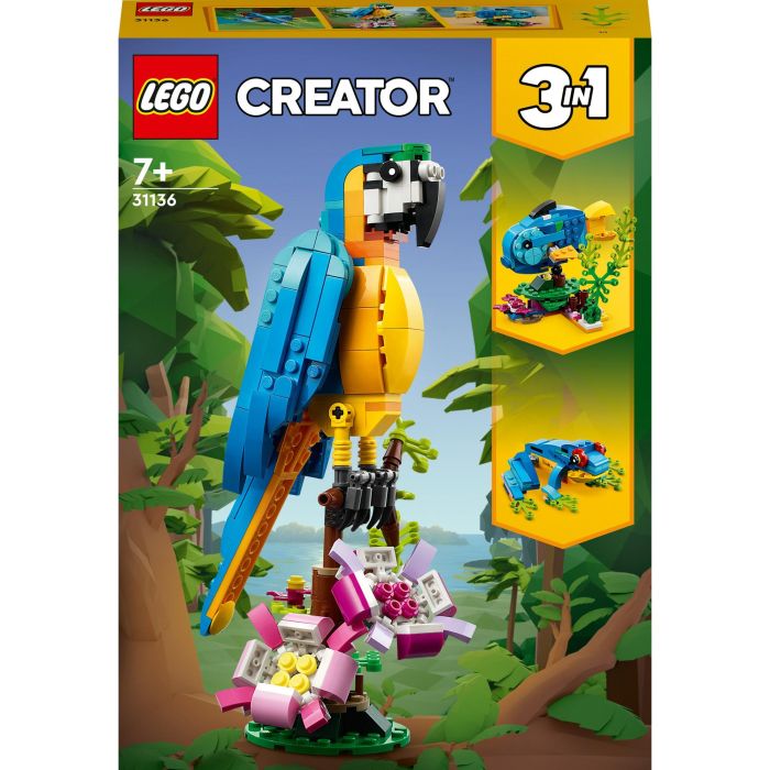 LEGO 31136 Creador 3-en-1: Loro Exótico, Modelo Rana y Pez. Set de Construcción de Figuras de Animales de la Jungla