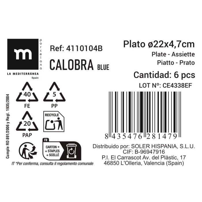 La Mediterranea Plato Hondo Calobra Azul Ø22 x 4.7 cm (18 Unidades)