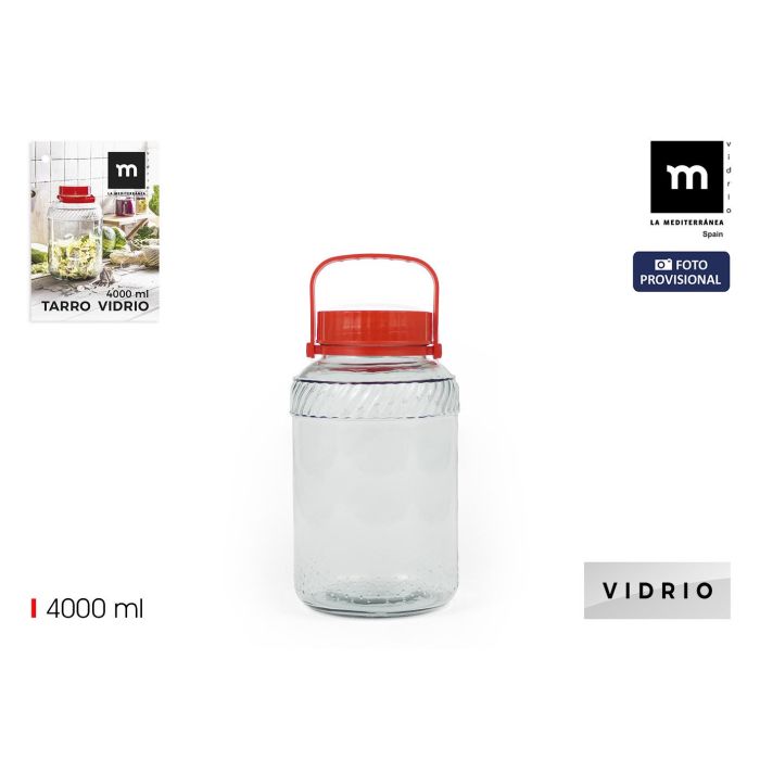 La Mediterranea Tarro de Vidrio con Tapa y Asa 4000 ml – 17.3x17.3x27 cm (4 Unidades)