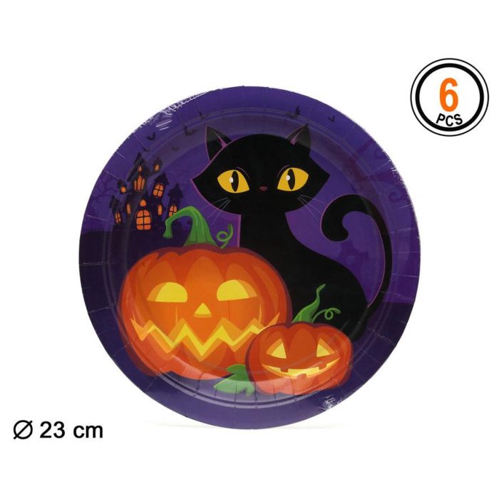 Pack Plato Calabaza Gato Negro 23 cm 6 Unidades