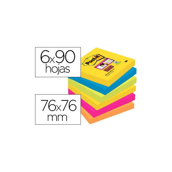 Bloc De Notas Adhesivas Quita Y Pon Post-It Super Sticky 76x76 mm Con 90 Hojas Pack De 6 Bloc Colores Surtidos