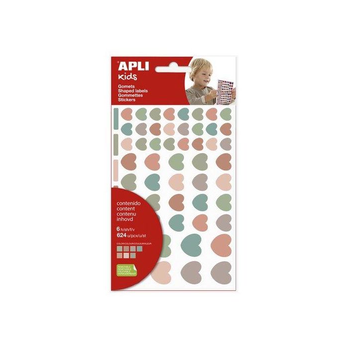 Apli Gomets Corazones Nordik Removibles 624 Unidades 6 Hojas - Colores Surtidos: Coral, Terracota, Verde Pino, Kaki, Malva, Rosa Pastel, Turquesa Pastel