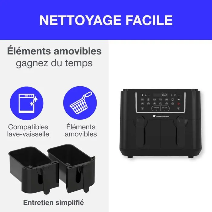 Continental Edison Freidora de aire sin aceite RFRSH24002CB, 9 L, Bandejas dobles, 2400W, Negra 5 Continental Edison Freidora de aire sin aceite RFRSH24002CB, 9 L, Bandejas dobles, 2400W, Negra 5