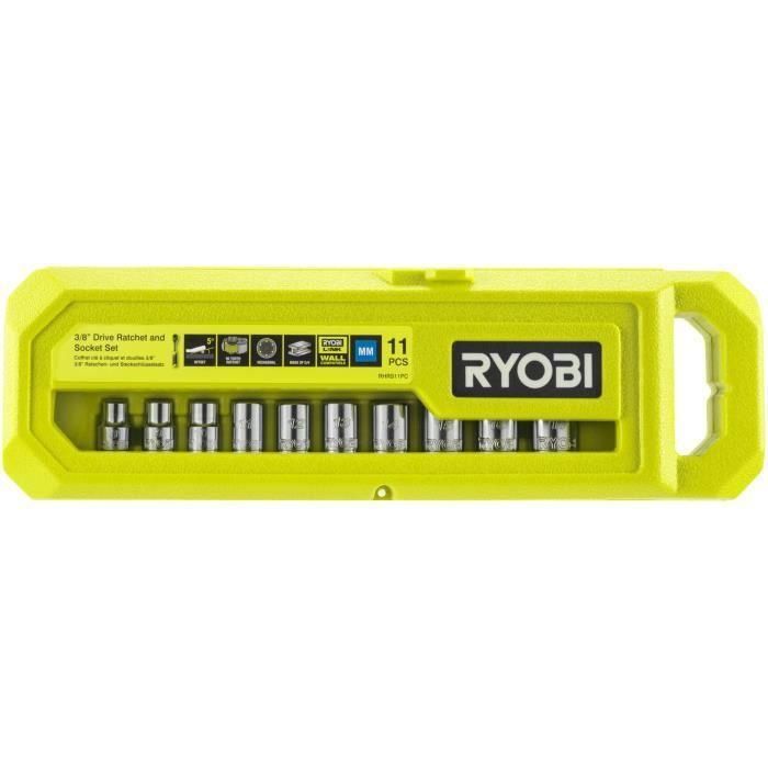 Caja de 1 llave de 90 dientes (ángulo de 4°) y 10 vasos de 3/8'' (de 8 a 15 mm, 16 y 17 mm) - Caja compatible con Ryobi LINK 4