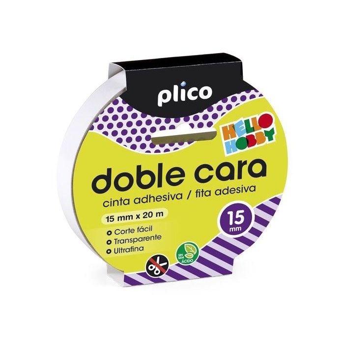 Plico Cinta adhesiva doble cara transparente 15 mm x 20 m, soporta 1kg, fácil cortar, para textil, goma EVA, fotos, uso escolar