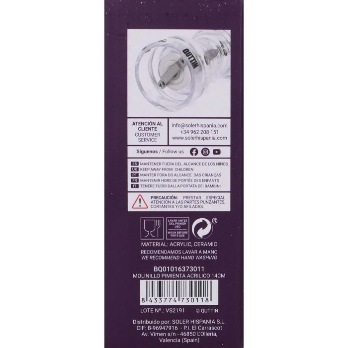Molinillo de Pimienta Acrílico 14 cm Quttin (18 Unidades) 6 Molinillo de Pimienta Acrílico 14 cm Quttin (18 Unidades) 6