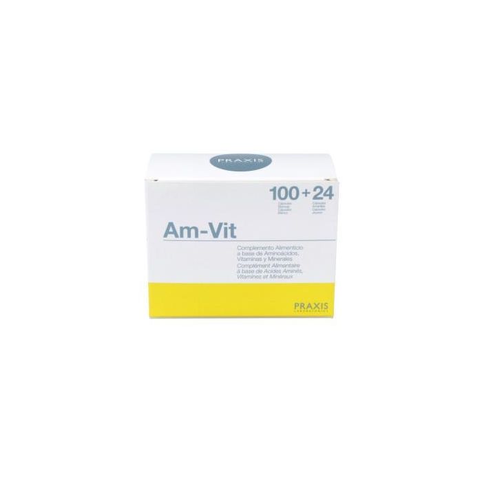 PRAXIS Am-Vit: Complemento de Aminoácidos Esenciales, Vitaminas y Minerales. Con Oligoelementos, 100 Cápsulas Blancas + 24 Amarillas