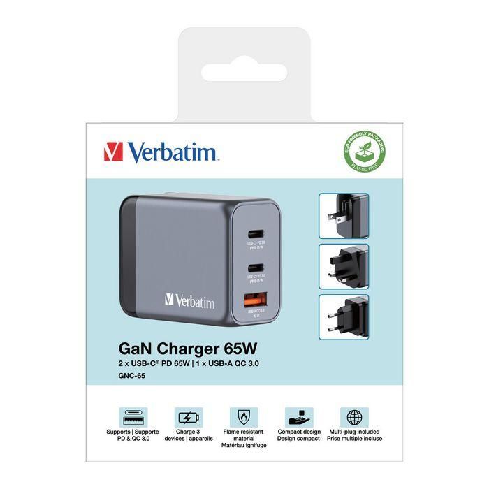 Verbatim Gnc-65 Cargador de Pared GAN 65W con 1 Puerto USB-A 3.0 y 2 Puertos USB-C 3.0 6