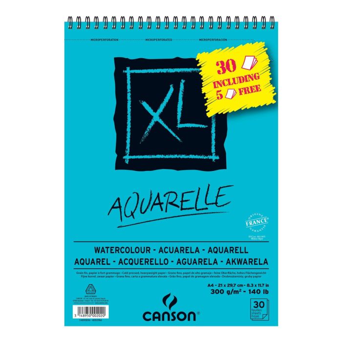 Canson Bloc Acuarela Aquarelle Fino XL Espiral 25 + 5 gratis Hojas 300 gr 21x29,7 cm -
