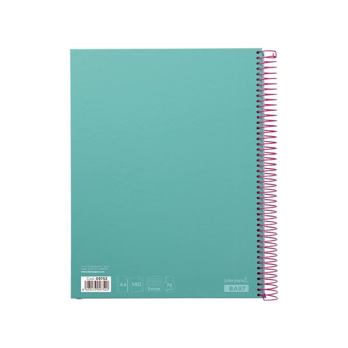 Cuaderno Espiral Liderpapel A4 Micro Jolly Tapa Forrada 140H 75 gr Cuadro 5 mm 5 Bandas4 Taladros Color Turquesa 3