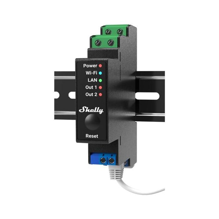 Shelly Pro 2PM Relé WLAN LAN 2 Canales 25A Medición de Potencia Montaje Carril DIN para Automatización Domótica