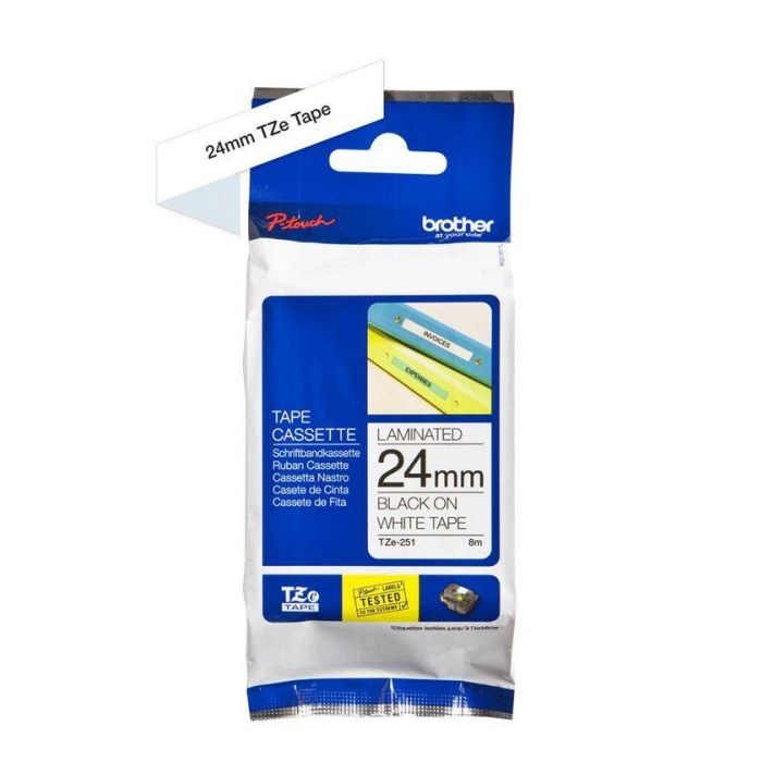 Brother Cinta Laminada TZe 24 mm Negro sobre Blanco, Duradera, Resistente a la Abrasión, Agua y Temperatura para Rotuladoras P-touch 2 Brother Cinta Laminada TZe 24 mm Negro sobre Blanco, Duradera, Resistente a la Abrasión, Agua y Temperatura para Rotuladoras P-touch 2